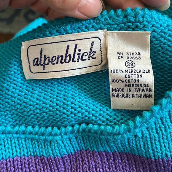 Vtg 80s Alpenblick turquoise blue cotton sleeveless sweater/ triangles on front - Picture 7 of 8